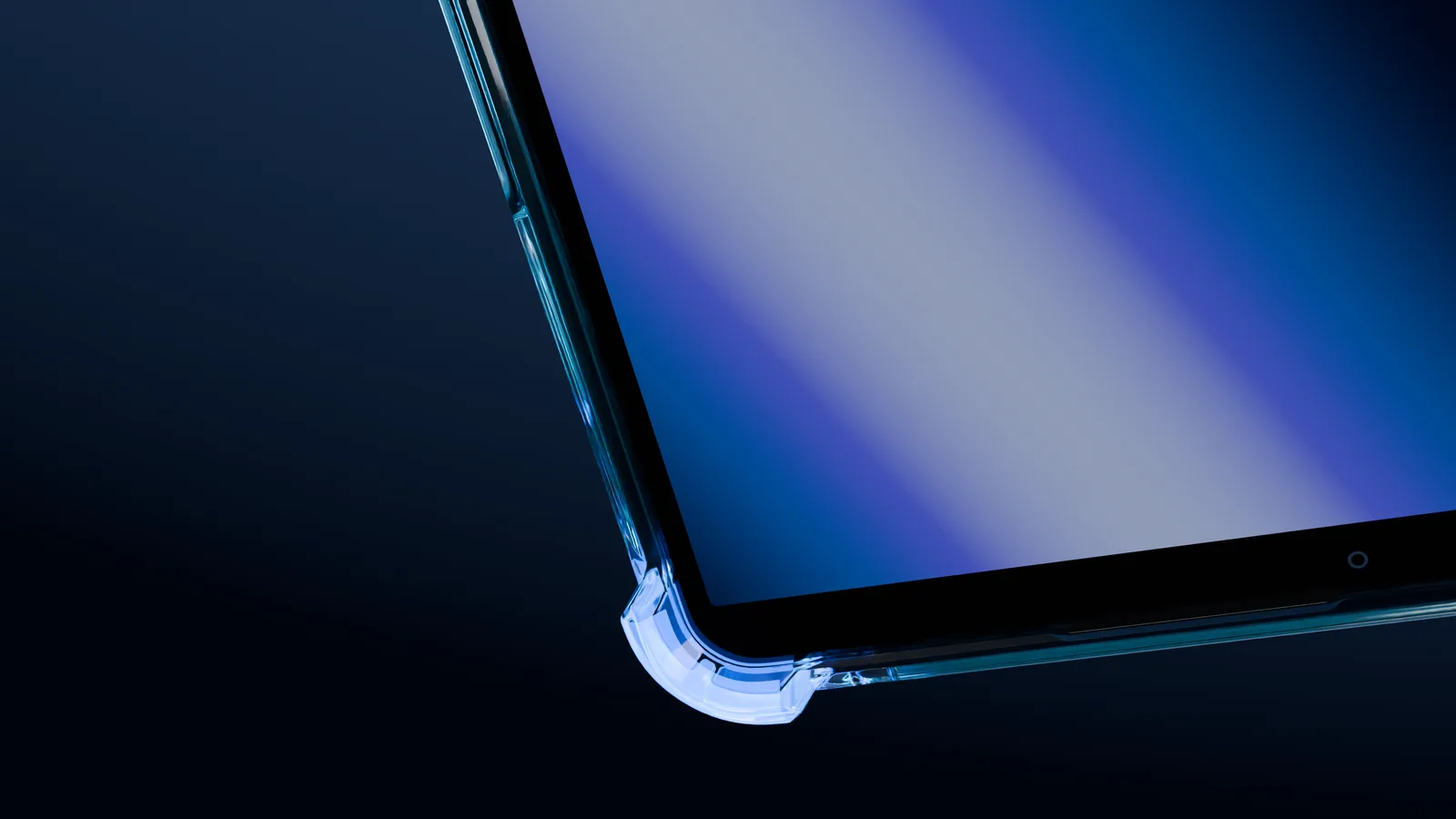 ケースの角にある衝撃吸収ポケットのアップ（3Dイメージ）