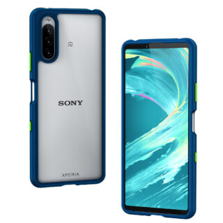 Hy+ Xperia10 iii カラーボタン 耐衝撃 ハイブリッドケース SO-52B SOG04 ストラップホール 米軍MIL規格 TPU PC ケース ネイビー