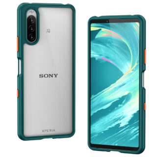 Hy+ Xperia10 iii カラーボタン 耐衝撃 ハイブリッドケース SO-52B SOG04 ストラップホール 米軍MIL規格 TPU PC ケース グリーン